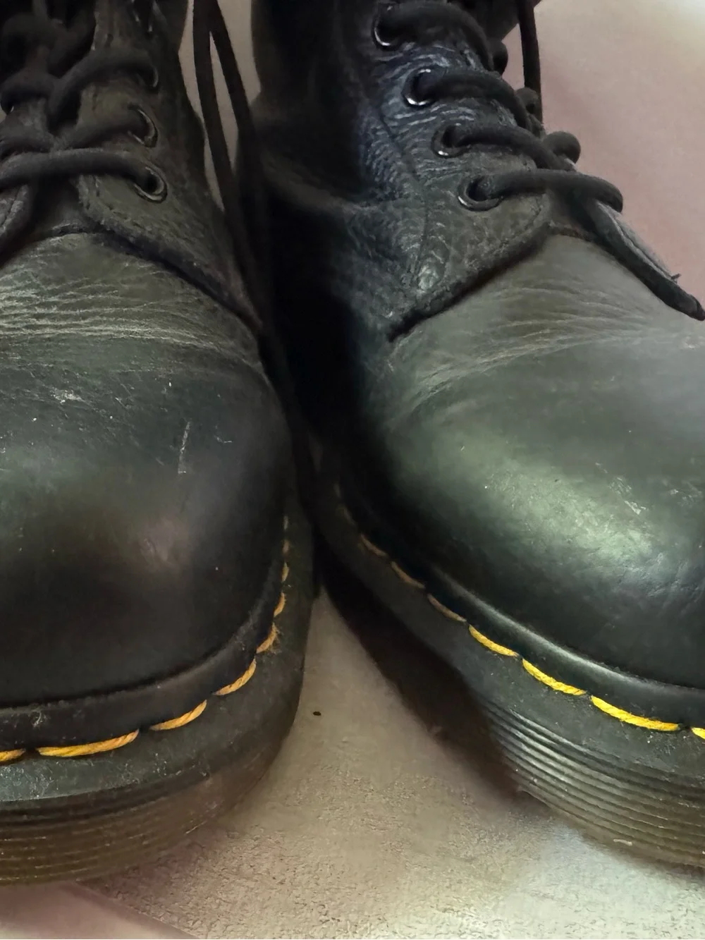 Dr. Martens Black Leather Lace-Up Combat Boots with Yellow Stitching